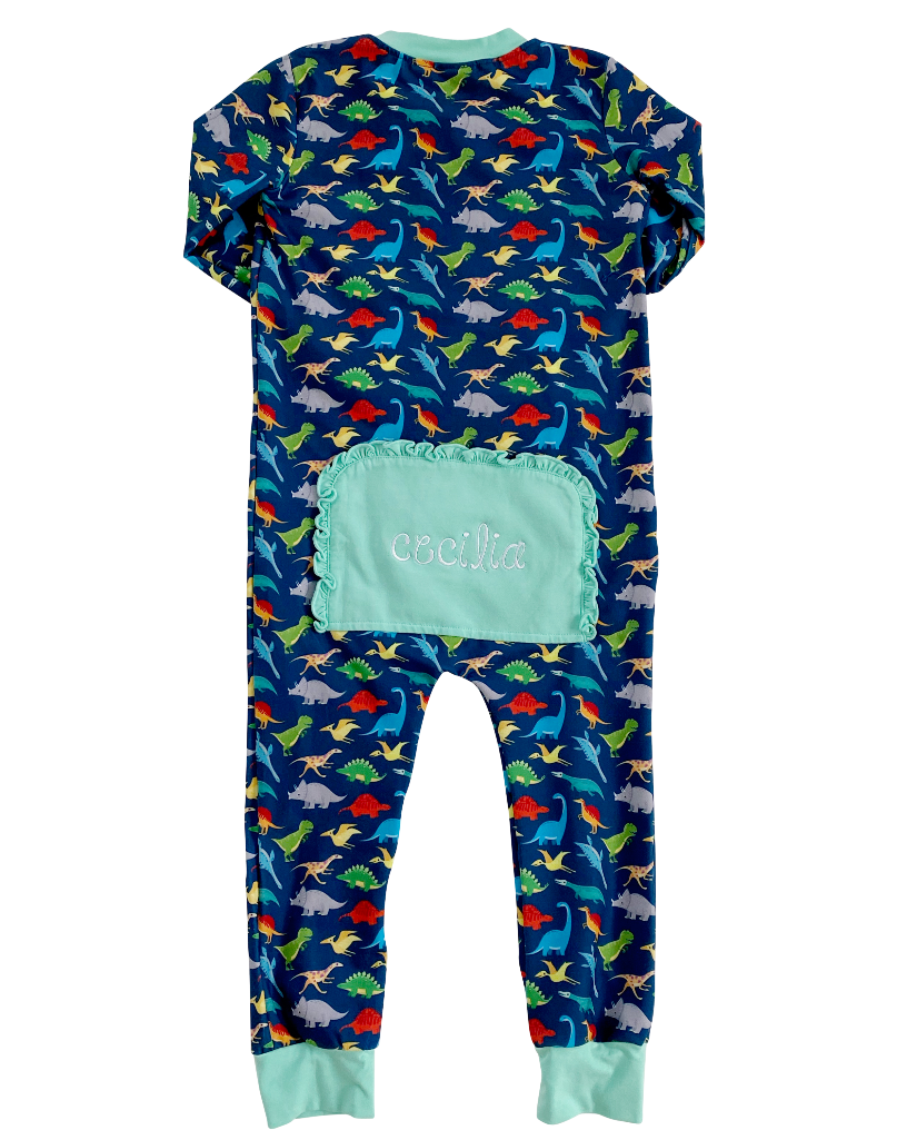 Roar Dinosaur Zip Up Pajamas with Mint Trim-FINAL SALE