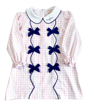 Pink Gingham Knit Dress with Navy Bows