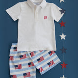 American Flag Blue Striped Shorts with White Polo