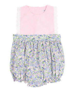 Blue Floral and Pink Gingham Olivia Bubble with Lace Trim
