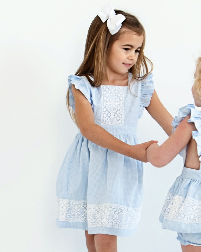 Blue Gingham Pinafore Dress with Lace