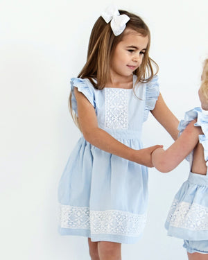 Blue Gingham Pinafore Dress with Lace