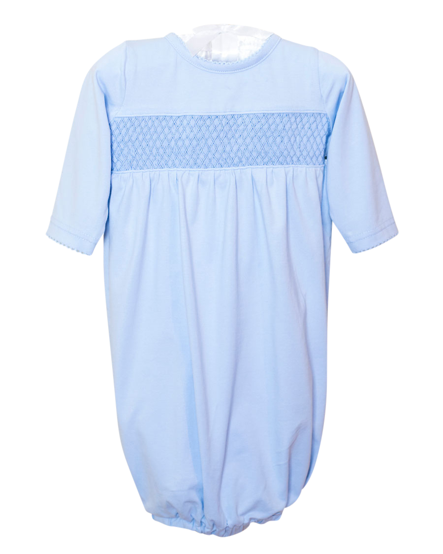 Smocked Baby Gown In Pale Blue Knit