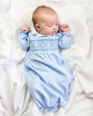 Smocked Baby Gown For Girl in Pale Blue Knit