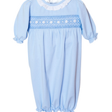 Smocked Baby Gown For Girl in Pale Blue Knit