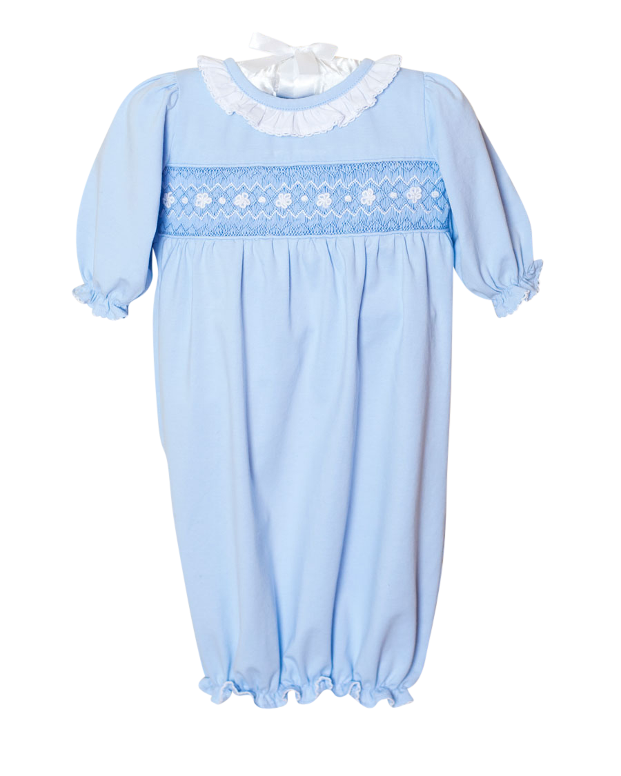 Smocked Baby Gown For Girl in Pale Blue Knit