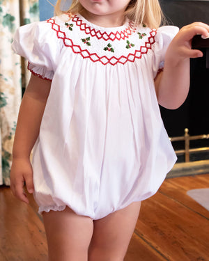 Holly Berry Smocked White Bishop Bubble