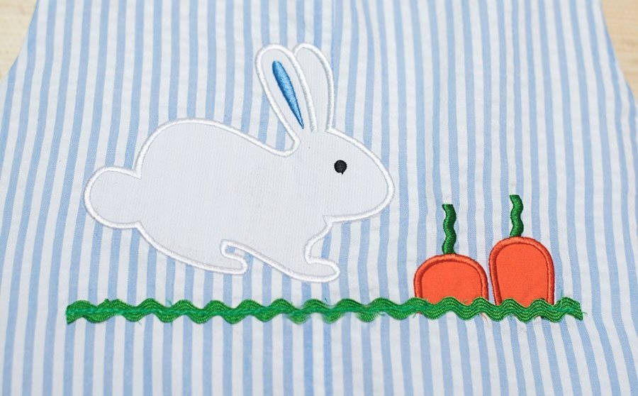 Bunny and Carrots Blue Seersucker Shortall- FINAL SALE