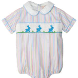 Bunnies Smocked Colorful Stripes Bubble In Blue-FINAL SALE