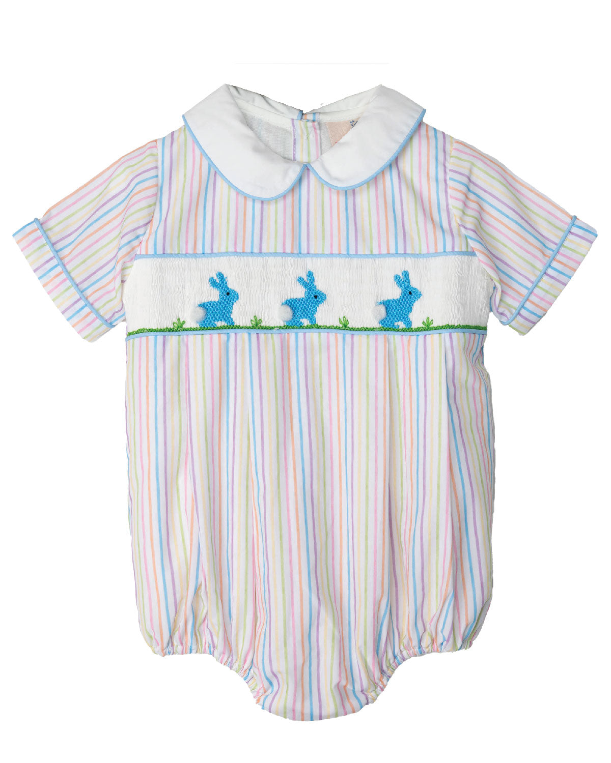 Bunnies Smocked Colorful Stripes Bubble In Blue