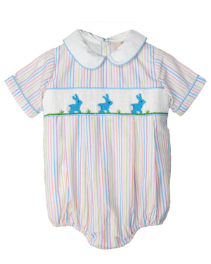 Bunnies Smocked Colorful Stripes Bubble In Blue- FINAL SALE