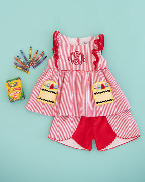 Crayon Pocket Red Seersucker Girl Shorts Set