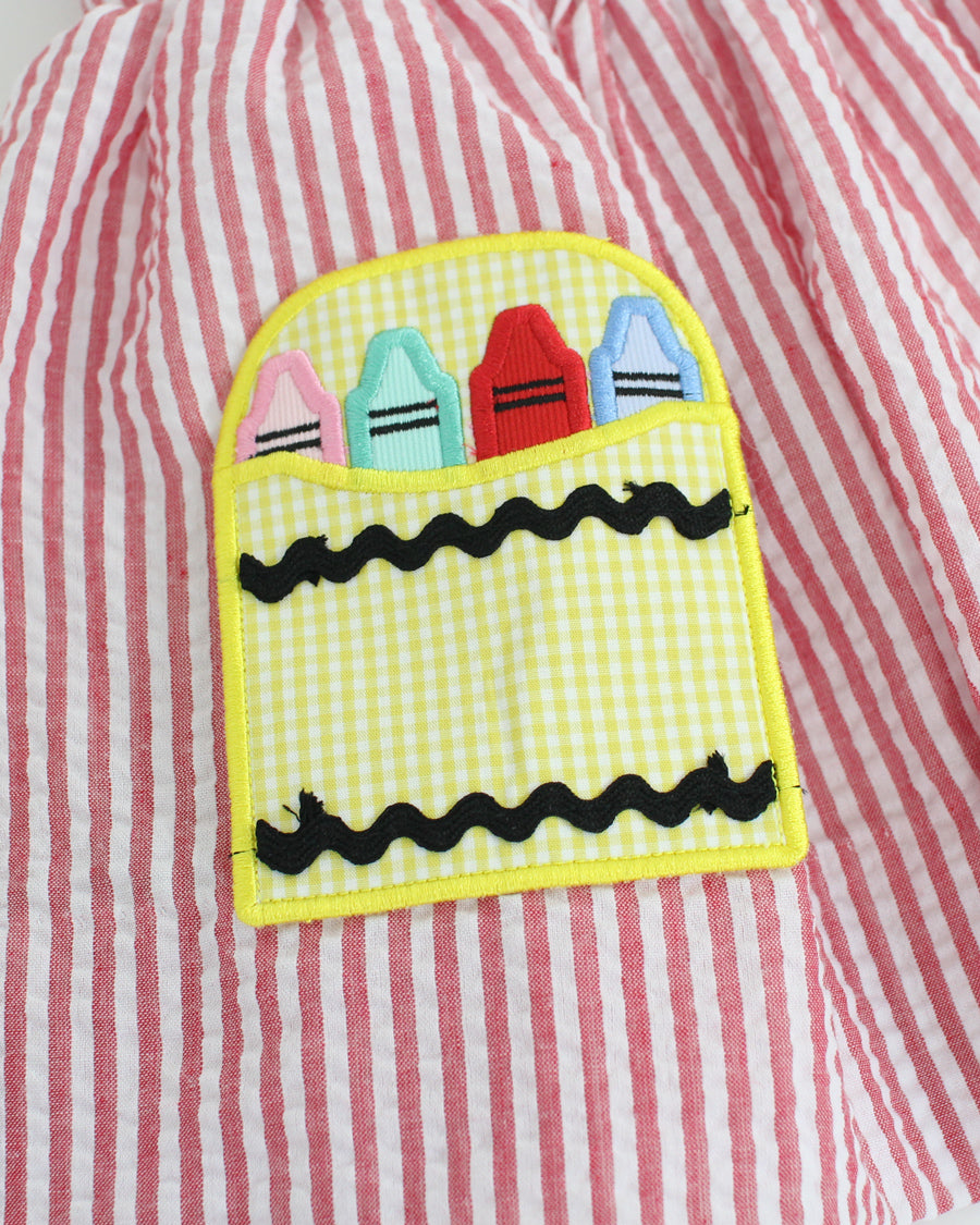 Crayon Pocket Red Seersucker Girl Shorts Set