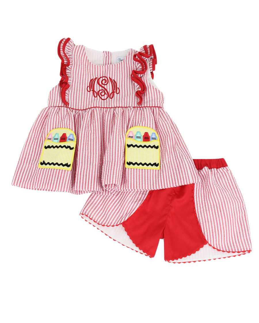 Crayon Pocket Red Seersucker Girl Shorts Set- FINAL SALE