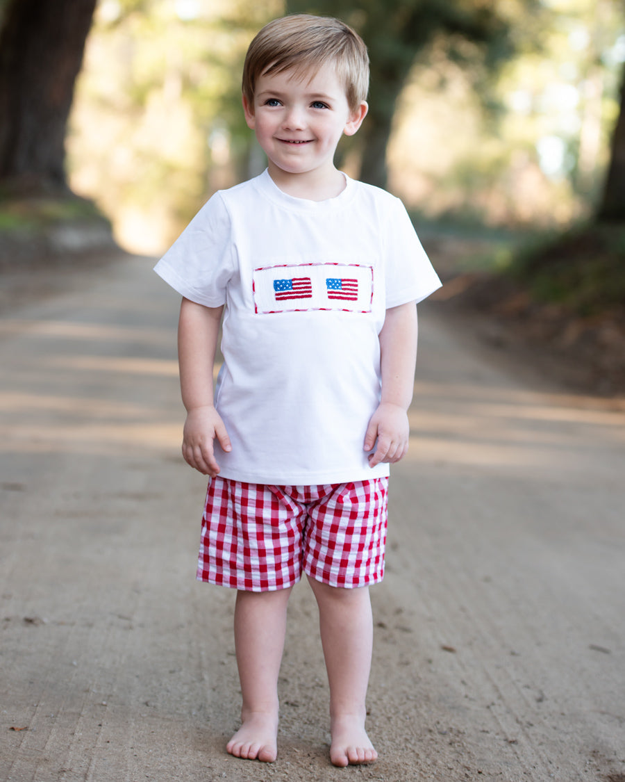 Flags Smocked Red Gingham Boy Shorts Set