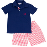 Red Windowpane Shorts Set with Navy Shirt
