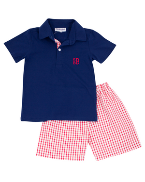 Red Windowpane Shorts Set with Navy Shirt