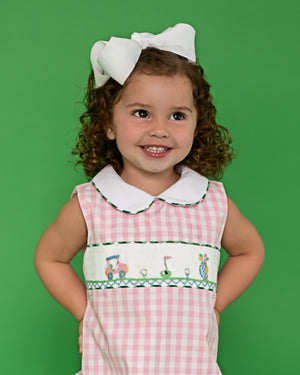 Golf Smocked Pink Checked Bubble with Bow Detail