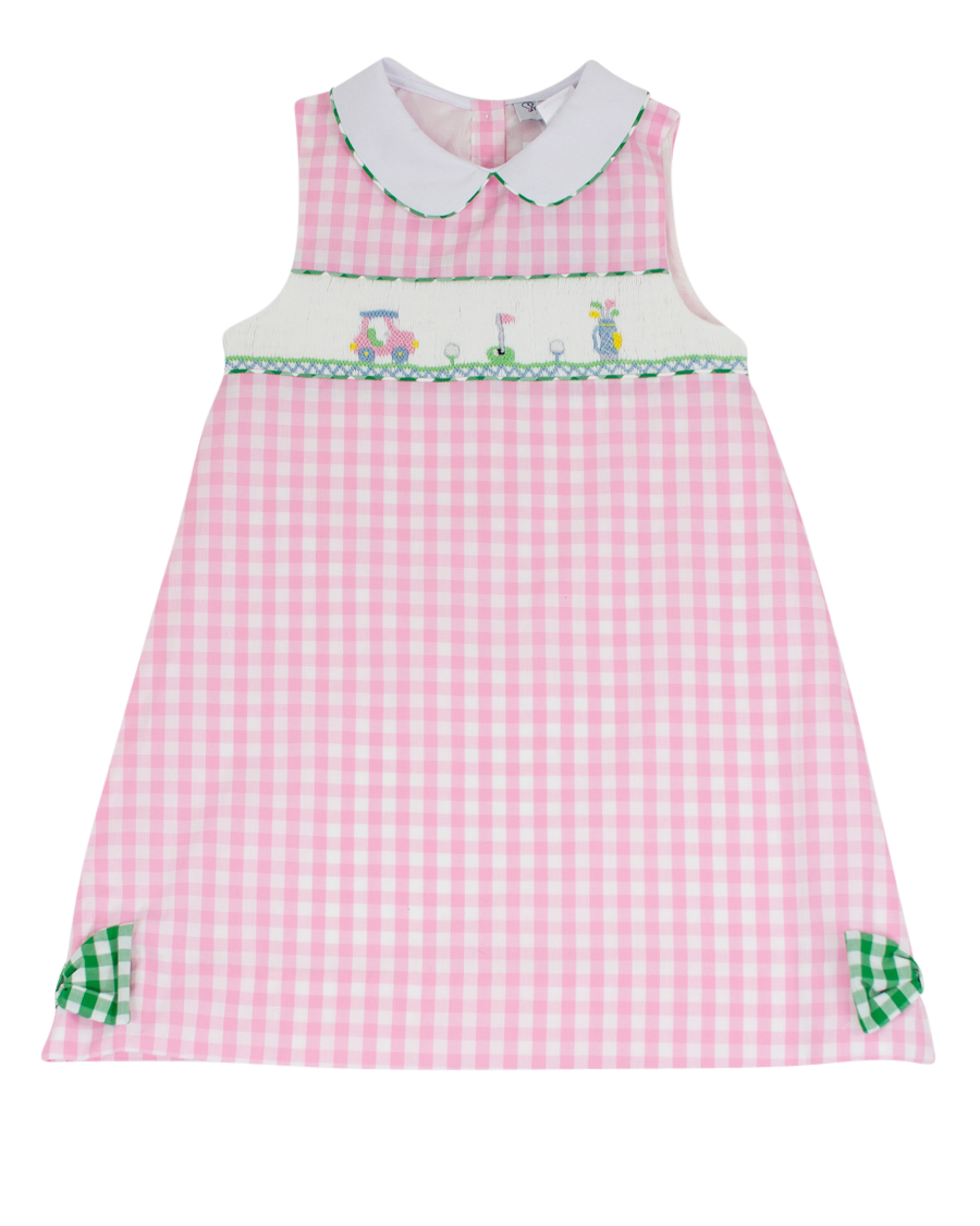 Golf Smocked Pink Checked Dress with Bow Detail