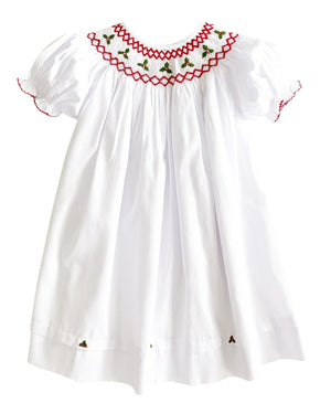 Holly Berry Smocked White Bishop Dress
