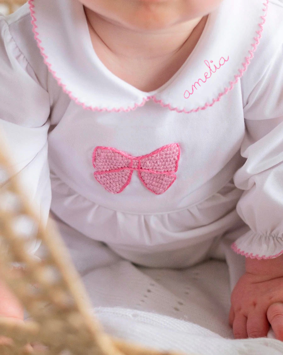 Pink Bow Hand Crocheted Knit Layette
