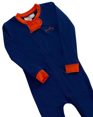 Jack O Lantern Applique Navy Zip Up Pajamas with Ruffle- FINAL SALE