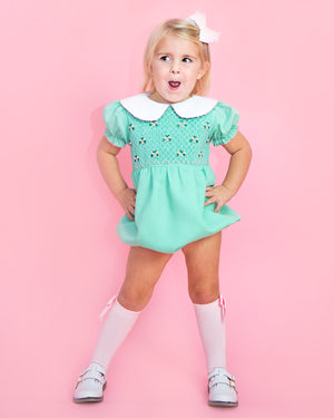 Mint Green Rosette Smocked Bishop Bubble