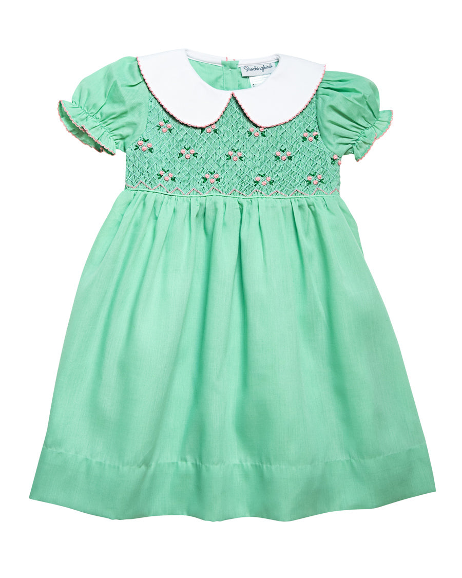 Mint Green Rosette Smocked Bishop Dress - Smockingbird
