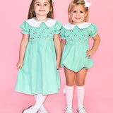 Mint Green Rosette Smocked Bishop Bubble