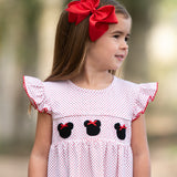 Mouse With Red Bow Smocked Polka Dot Knit Dress