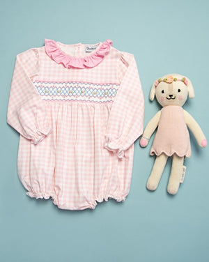 Pink Gingham Knit Smocked Long Sleeved Bubble