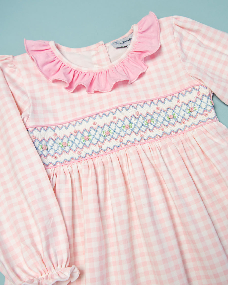 Pink Gingham Knit Smocked Long Sleeved Dress