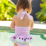 Watermelon Ruffle Pink Seersucker Swim Suit