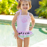 Watermelon Ruffle Pink Seersucker Swim Suit