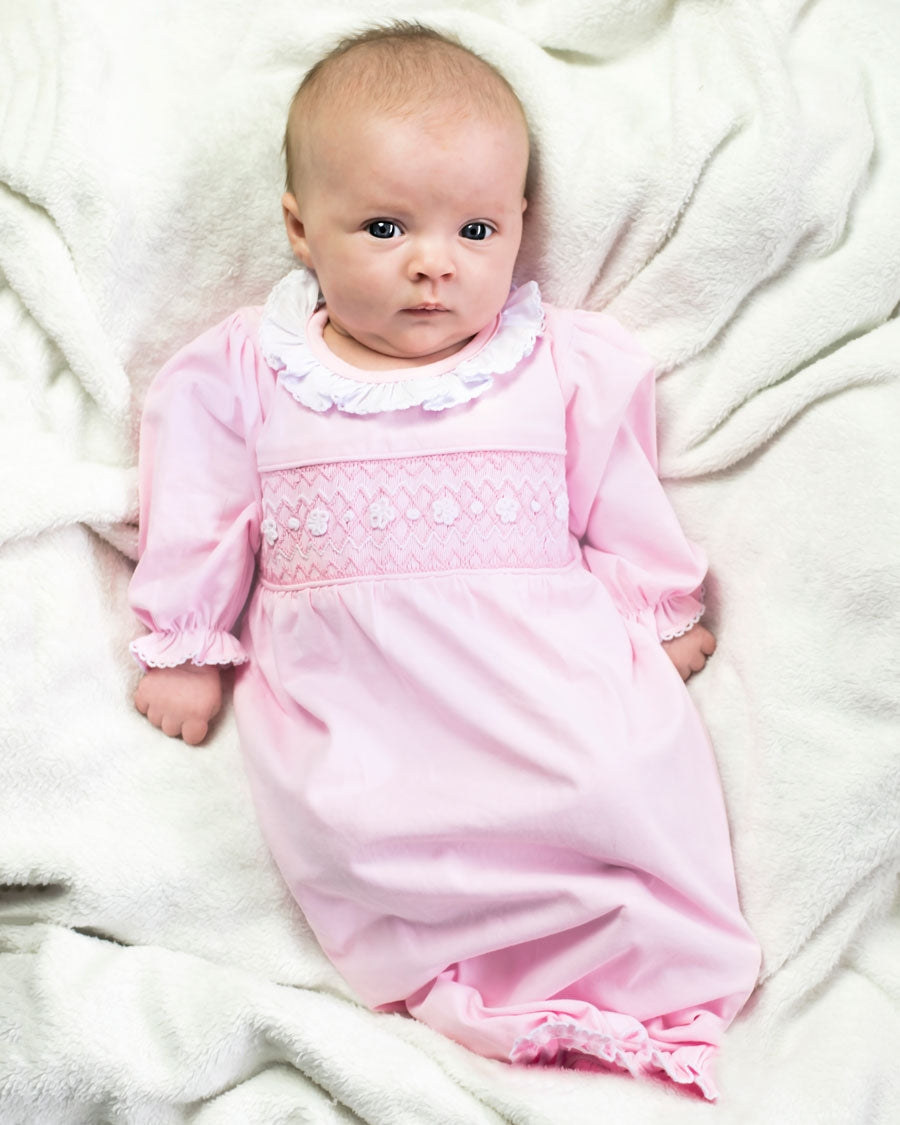 Smocked Baby Gown for Girl in Pale Pink Knit