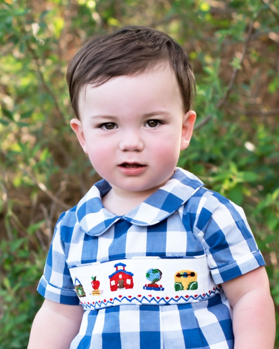 School Supplies Smocked Buffalo Check Bubble for Boy- FINAL SALE